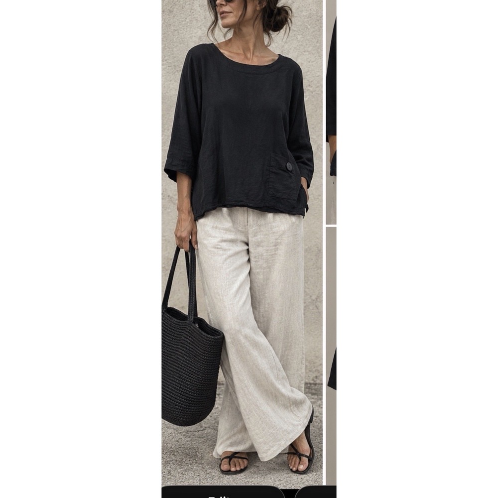 Hot Cotton Marc Ware Top L Black 3/4 Sleeve Boxy Relaxed Artsy Lagenlook